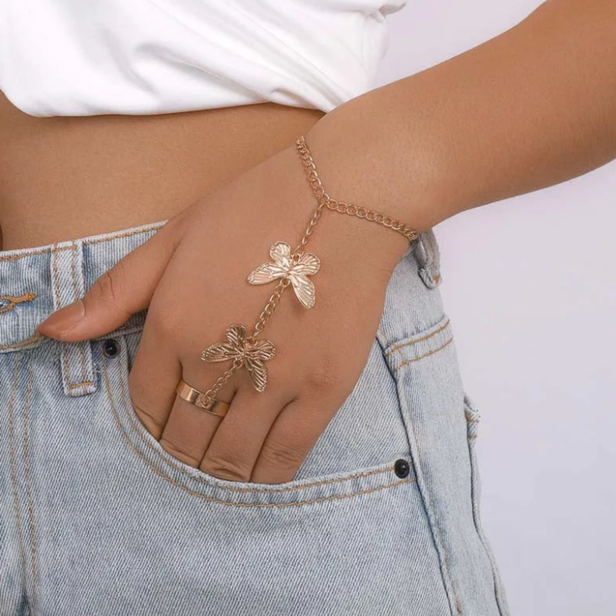 Express Your Era: Snake and Butterfly Ring-Bracelet Chains